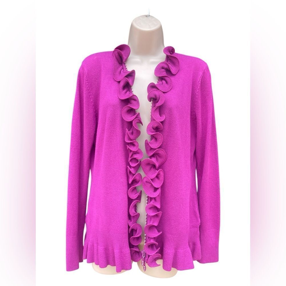 VILA Fuchsia Ruffle Trim Cardigan zipper Long Sleeve Large